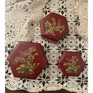 Vintage Hong Kong Red Hexagonal Nesting/Stacking Floral Plastic Trinket Boxes